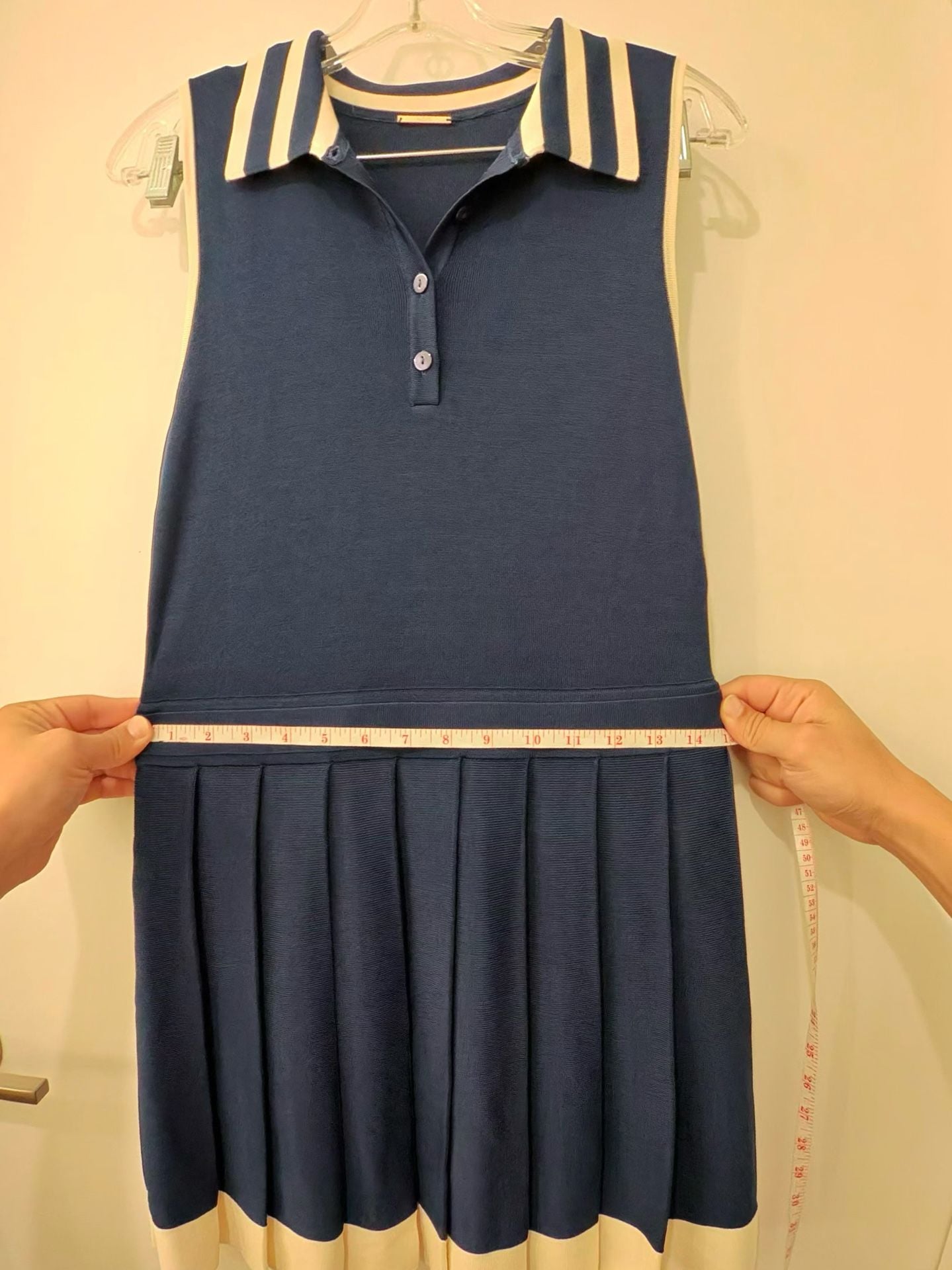 Alexis Moritz Pleated Knit Polo Dress Navy Cream Size M 9