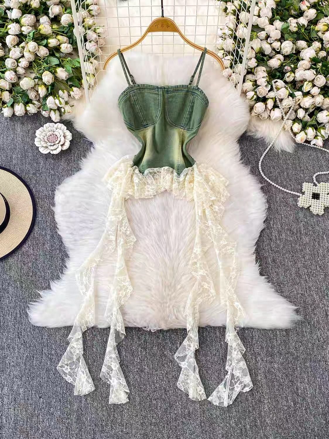 Vintage Style Green Denim Corset Top with Lace Trim unique coquette fits S M L 2