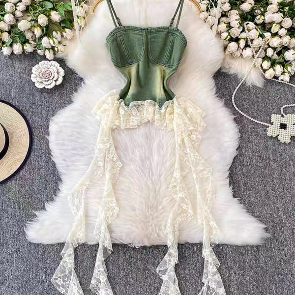 Vintage Style Green Denim Corset Top with Lace Trim unique coquette fits S M L