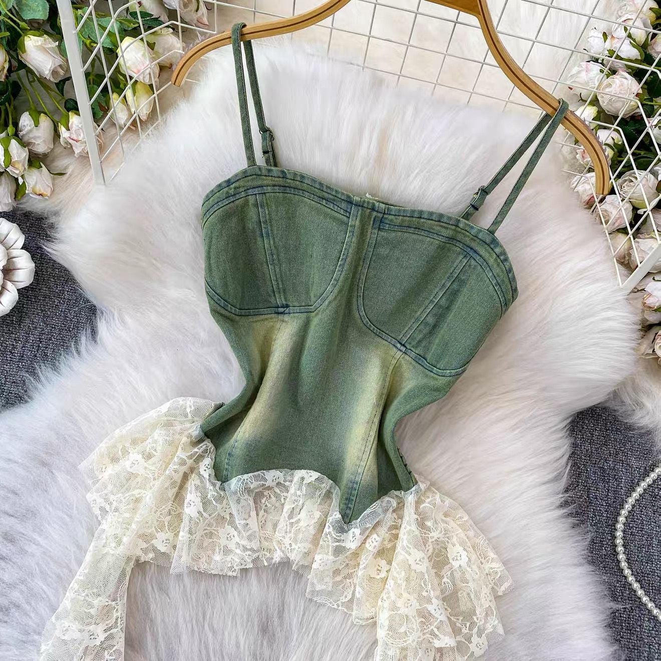 Vintage Style Green Denim Corset Top with Lace Trim unique coquette fits S M L 3