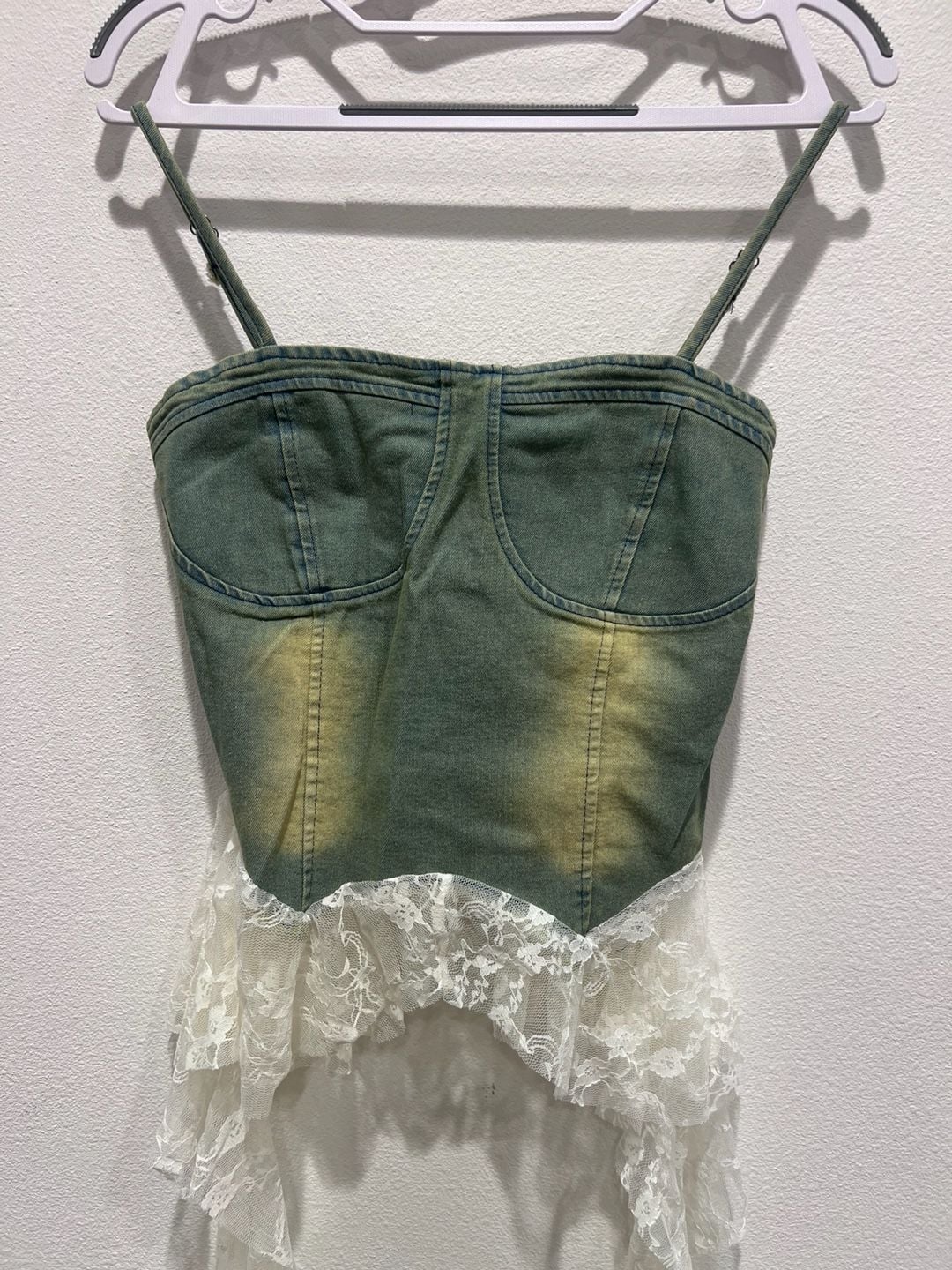Vintage Style Green Denim Corset Top with Lace Trim unique coquette fits S M L 4