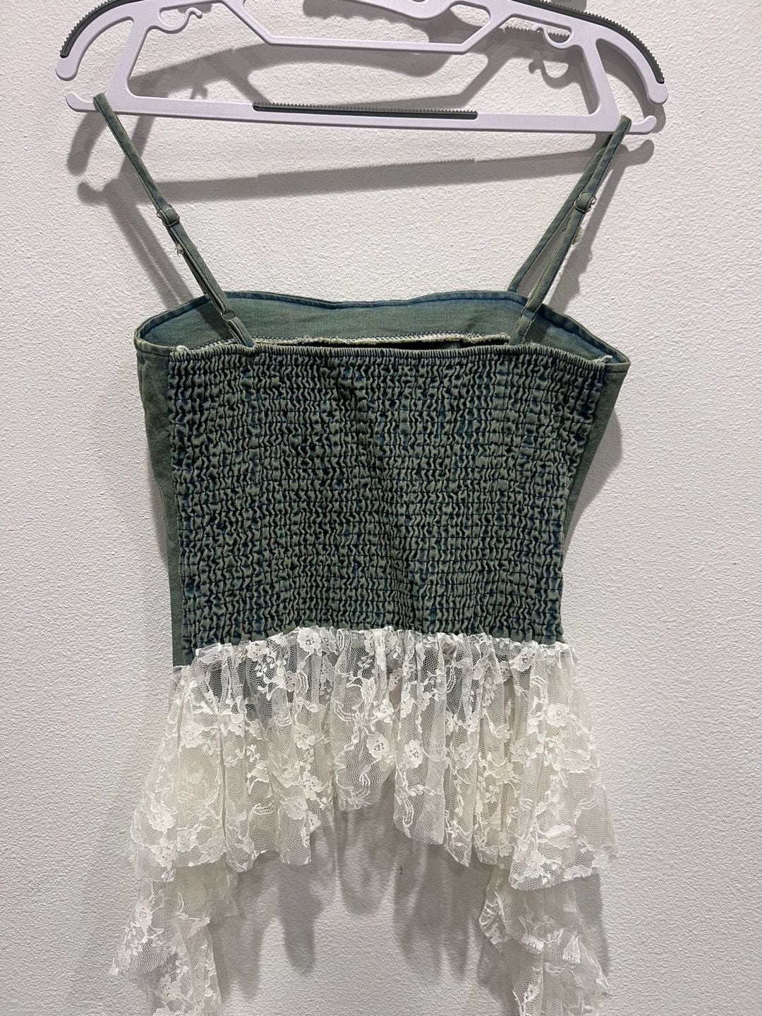 Vintage Style Green Denim Corset Top with Lace Trim unique coquette fits S M L 6