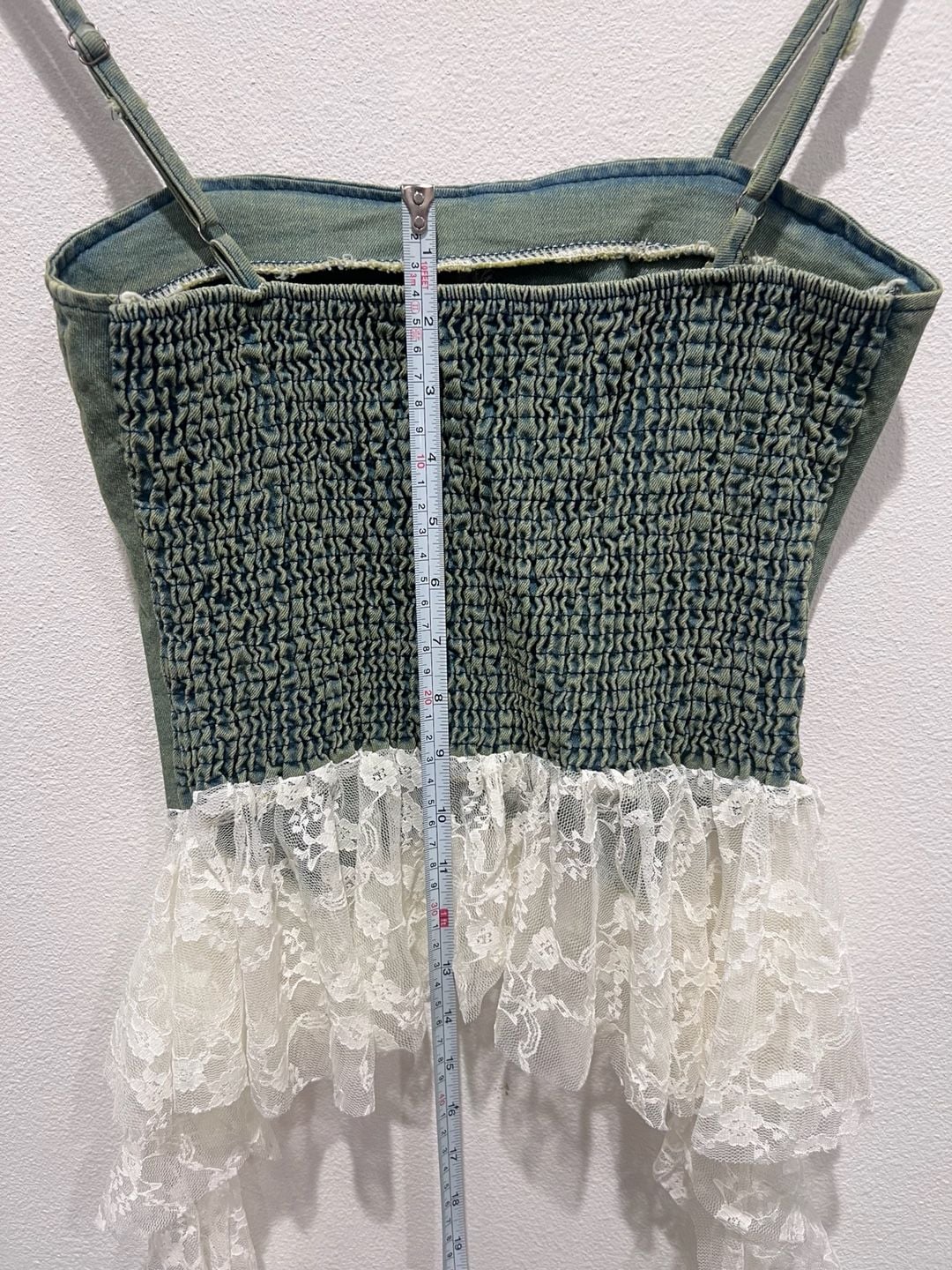 Vintage Style Green Denim Corset Top with Lace Trim unique coquette fits S M L 7