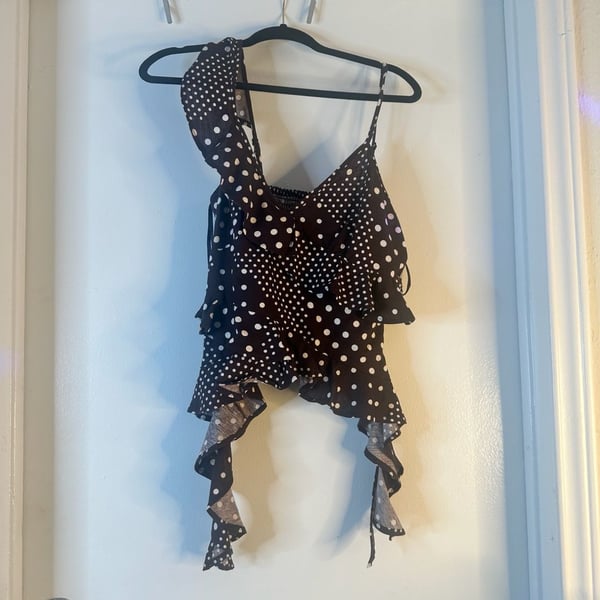 Style Envy Polka Dot Ruffle Linen Blend Top Size L