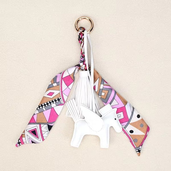 White Pegasus Horse Bag Charm with Silk Scarf Tassel