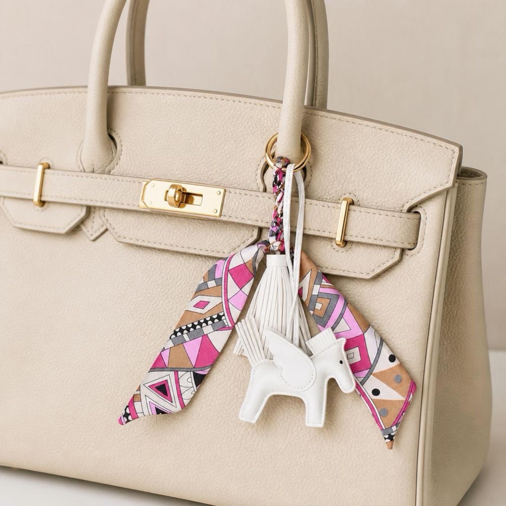 White Pegasus Horse Bag Charm with Silk Scarf Tassel 3