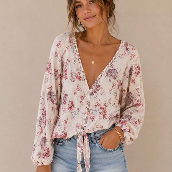 Free People Inspired Floral Print Tie-Front Long Sleeve Blouse