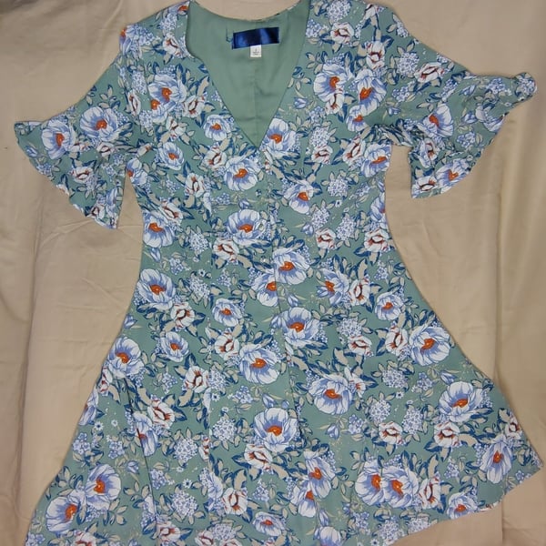 Blue Rain Cottagecore Floral V-Neck Flutter Sleeve Mini Dress Size S