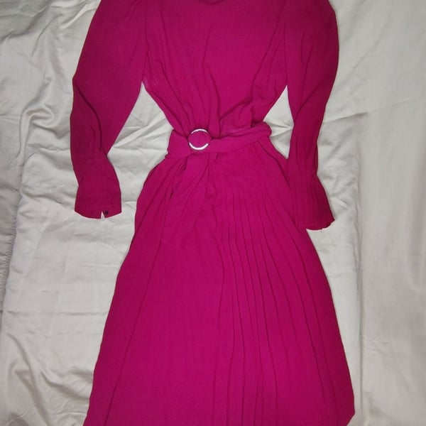 Vintage Albert Nipon Fuchsia Pleated Long Sleeve Dress Size 6