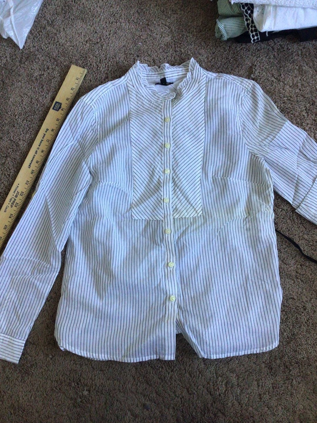 Talbots Petites Striped Ruffle Neck Button Down Shirt Size P 1