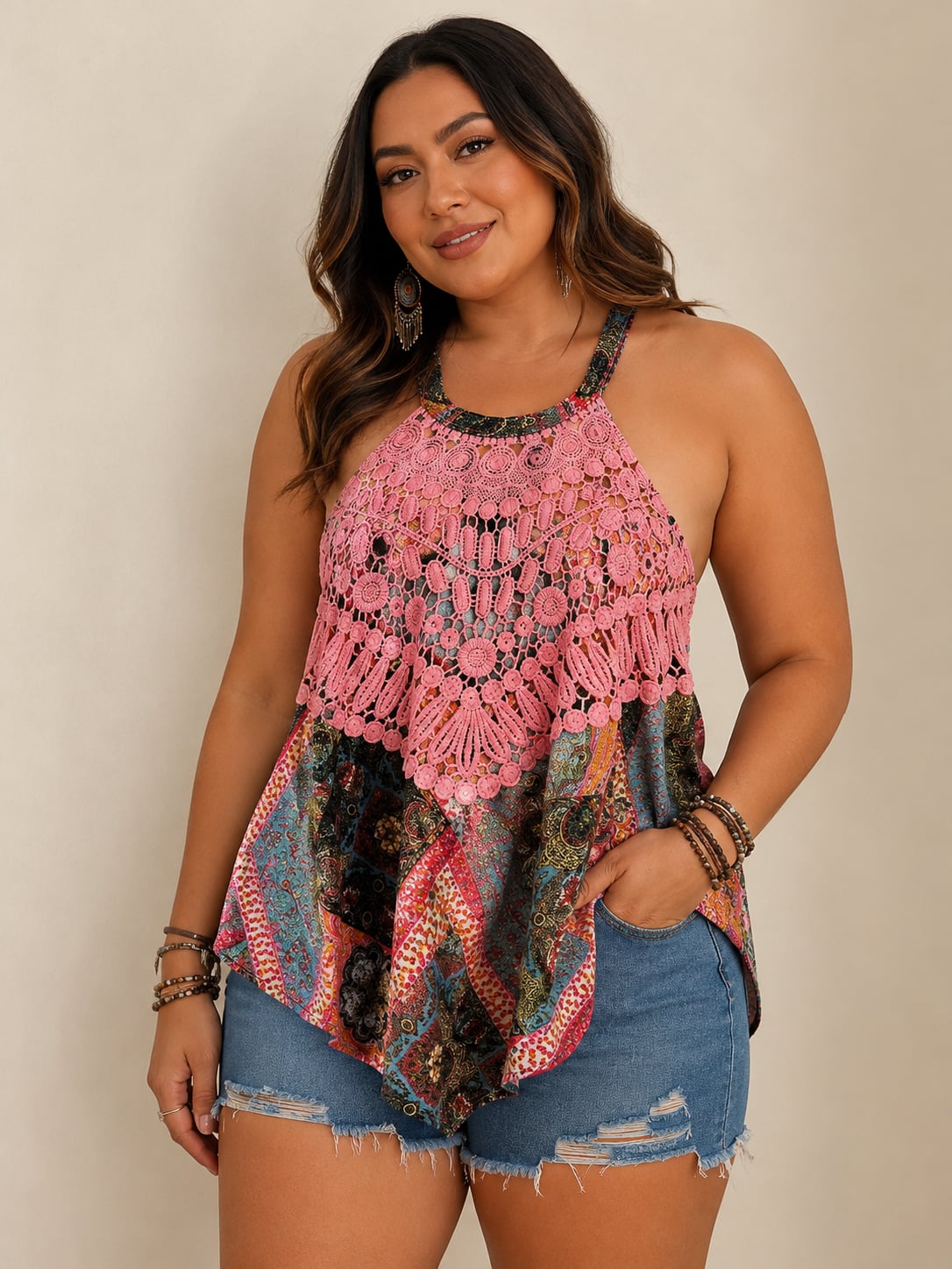 Kristin Nicole Paisley Print Crochet Halter Top Size 2X 2