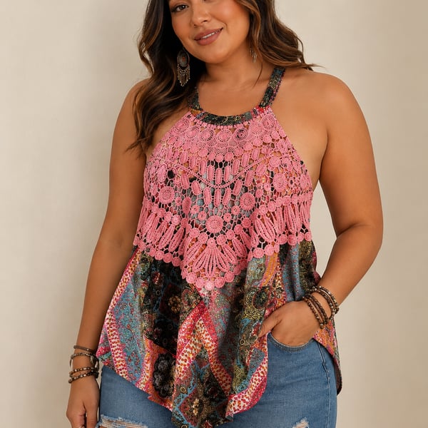 Kristin Nicole Paisley Print Crochet Halter Top Size 2X