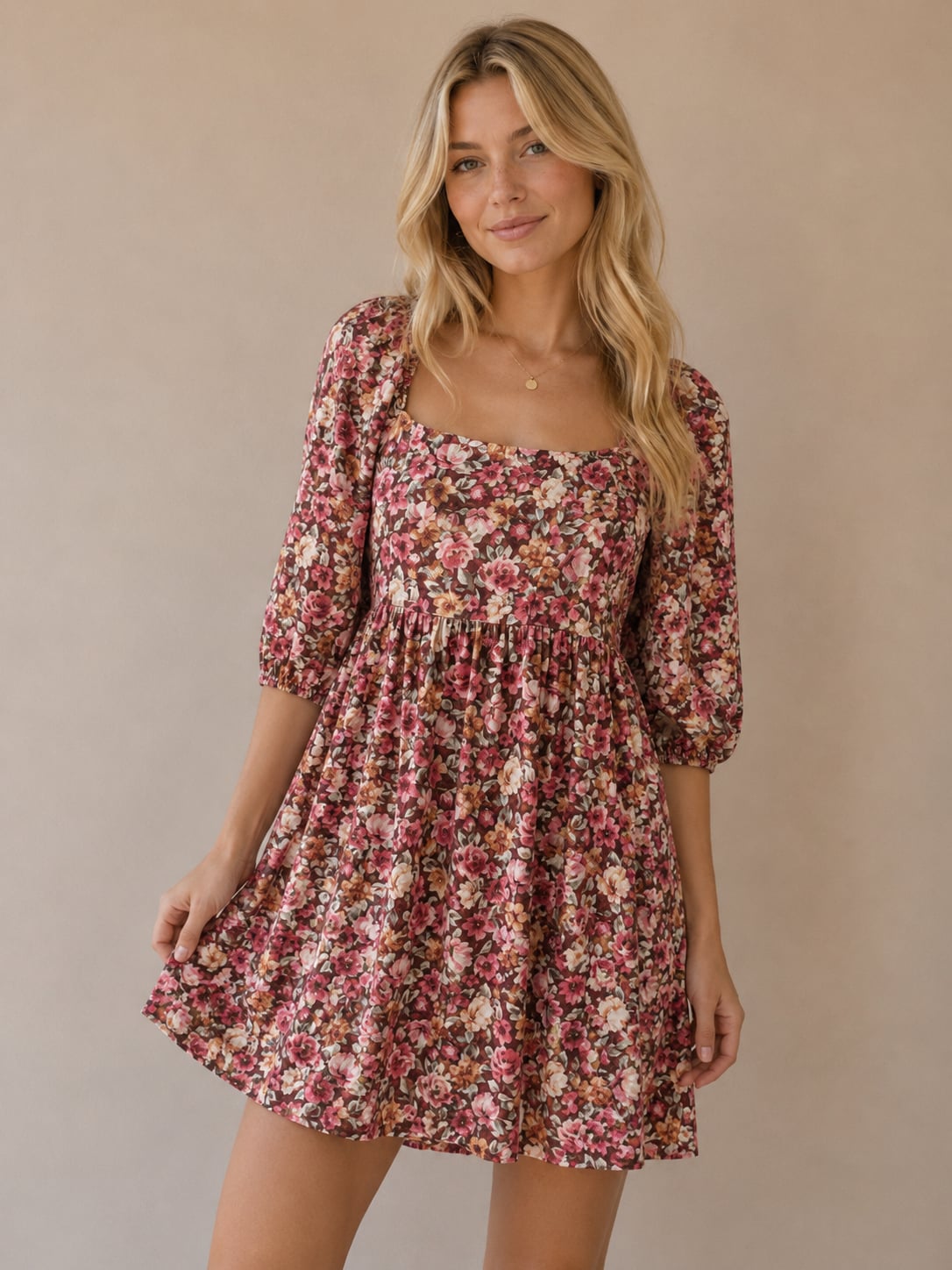 Peach Love Floral Square Neck Puff Sleeve Mini Dress 2