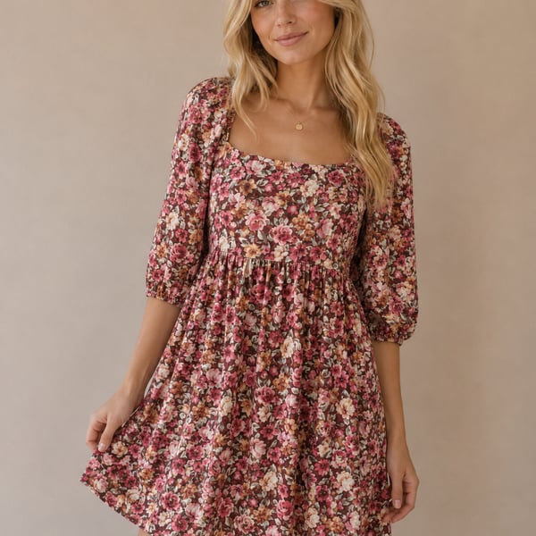 Peach Love Floral Square Neck Puff Sleeve Mini Dress