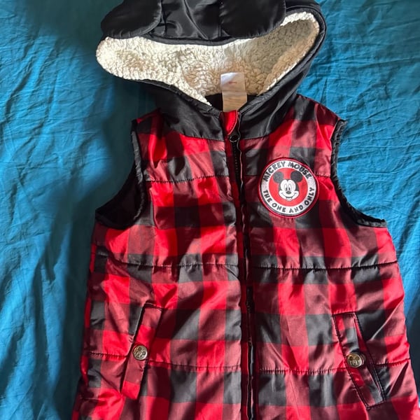 Disney Mickey Mouse Red Black Buffalo Plaid Hooded Vest Size 4T