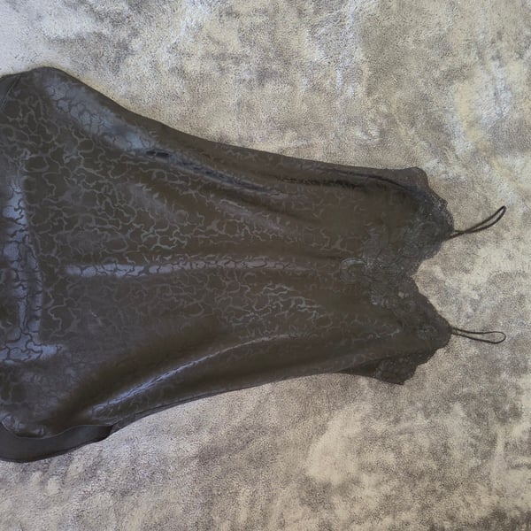 90's vintage Erika Taylor Black Satin Lace Trim Chemise Slip Dress Size S