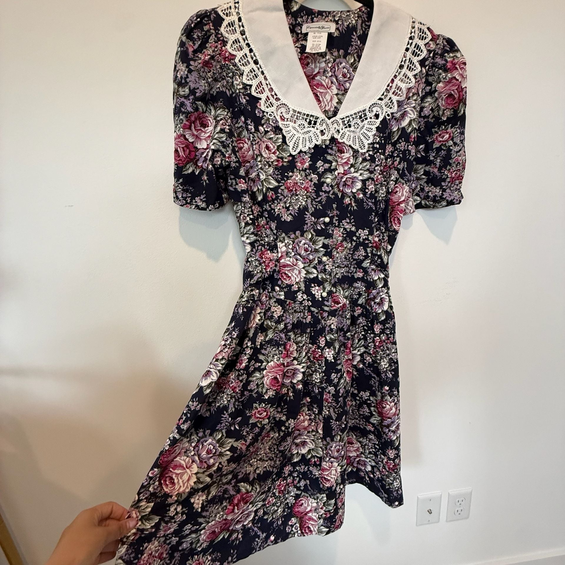 Vtg 80s Especially Yours Floral Midi Dress Lace Collar Cottagecore Prairie 15/16 3