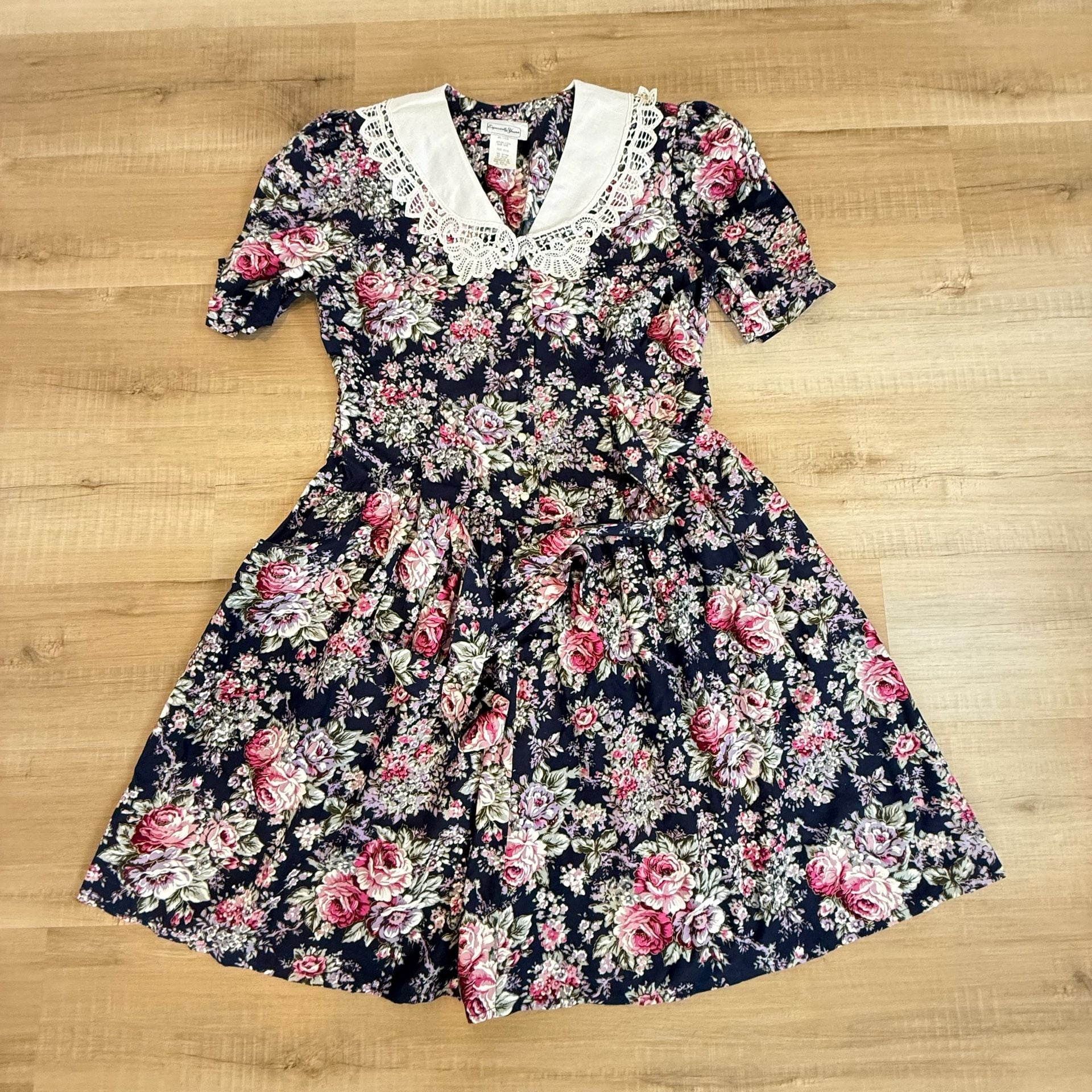 Vtg 80s Especially Yours Floral Midi Dress Lace Collar Cottagecore Prairie 15/16 10