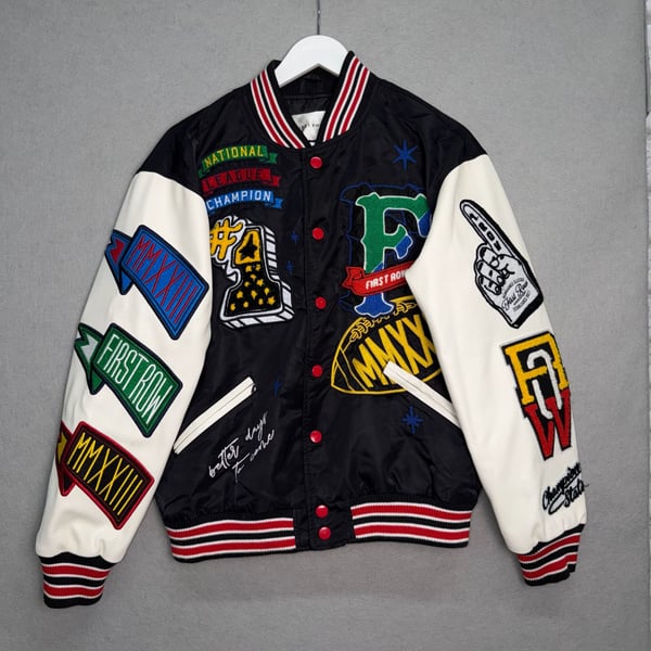 First Row Varsity Jacket Men's Size XL Multicolor Snap Bull Dog Faux Leather Mix