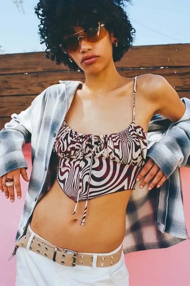 Urban Outfitters Size L Brown Abstract Print Ruched Tie-Front Crop Top 2