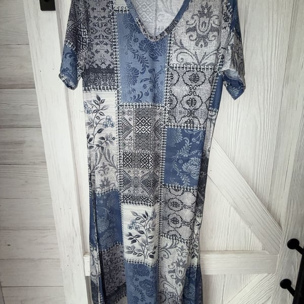 Unbranded Patchwork Print V-Neck T-Shirt Dress Size L