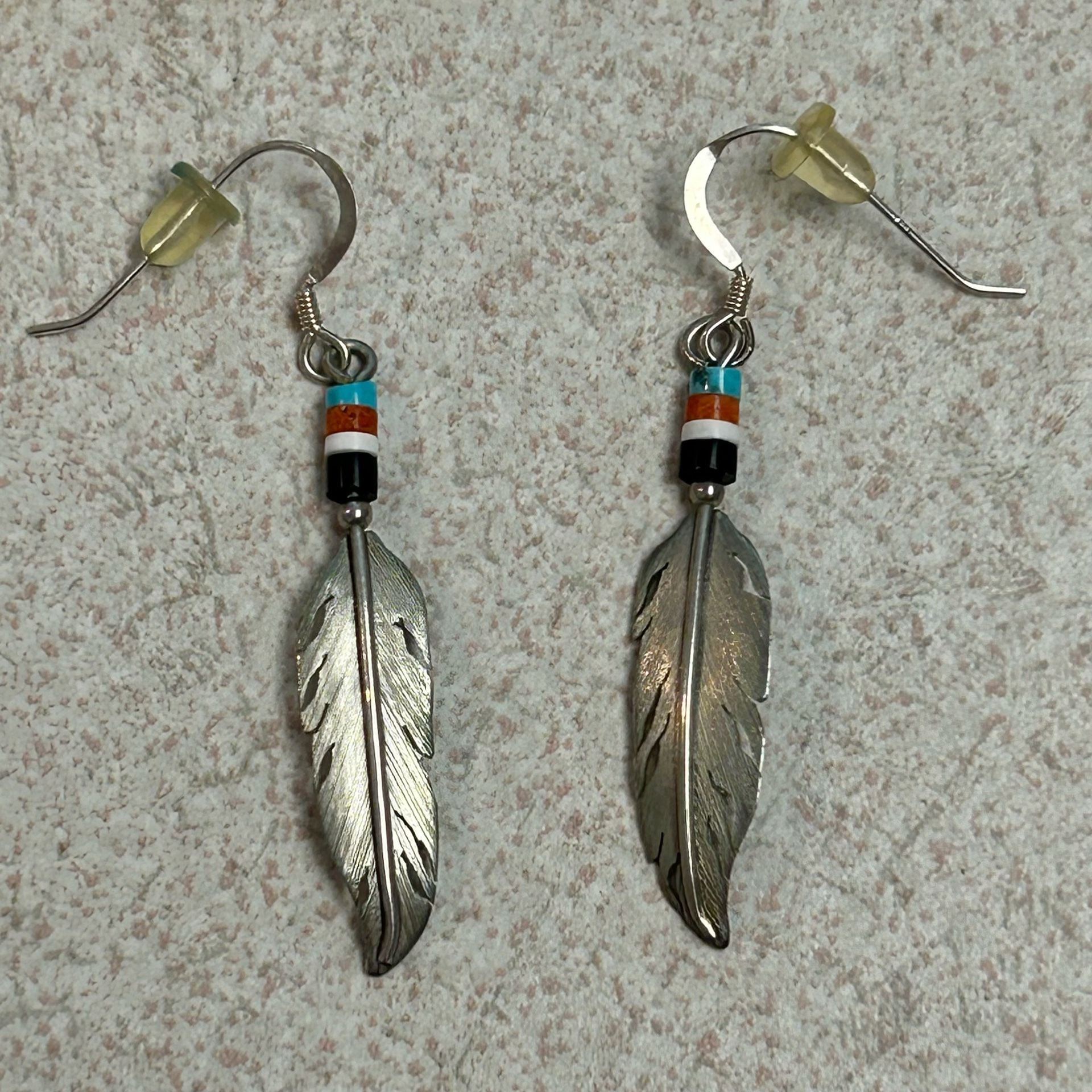 Chavez Santo Domingo Pueblo Sterling Silver Feather Earrings with Heishi Beads 2
