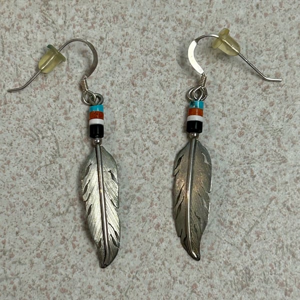 Chavez Santo Domingo Pueblo Sterling Silver Feather Earrings with Heishi Beads