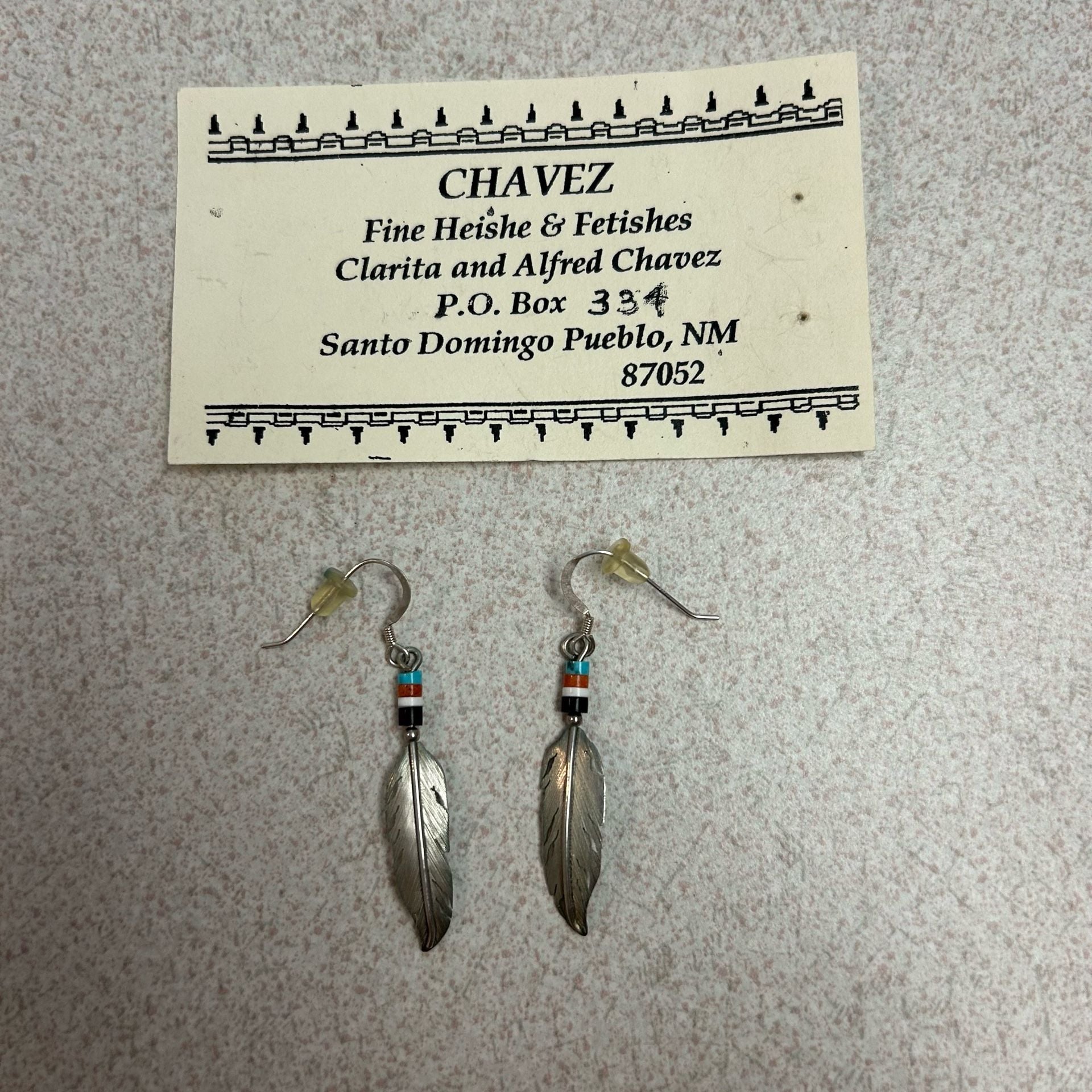 Chavez Santo Domingo Pueblo Sterling Silver Feather Earrings with Heishi Beads 3