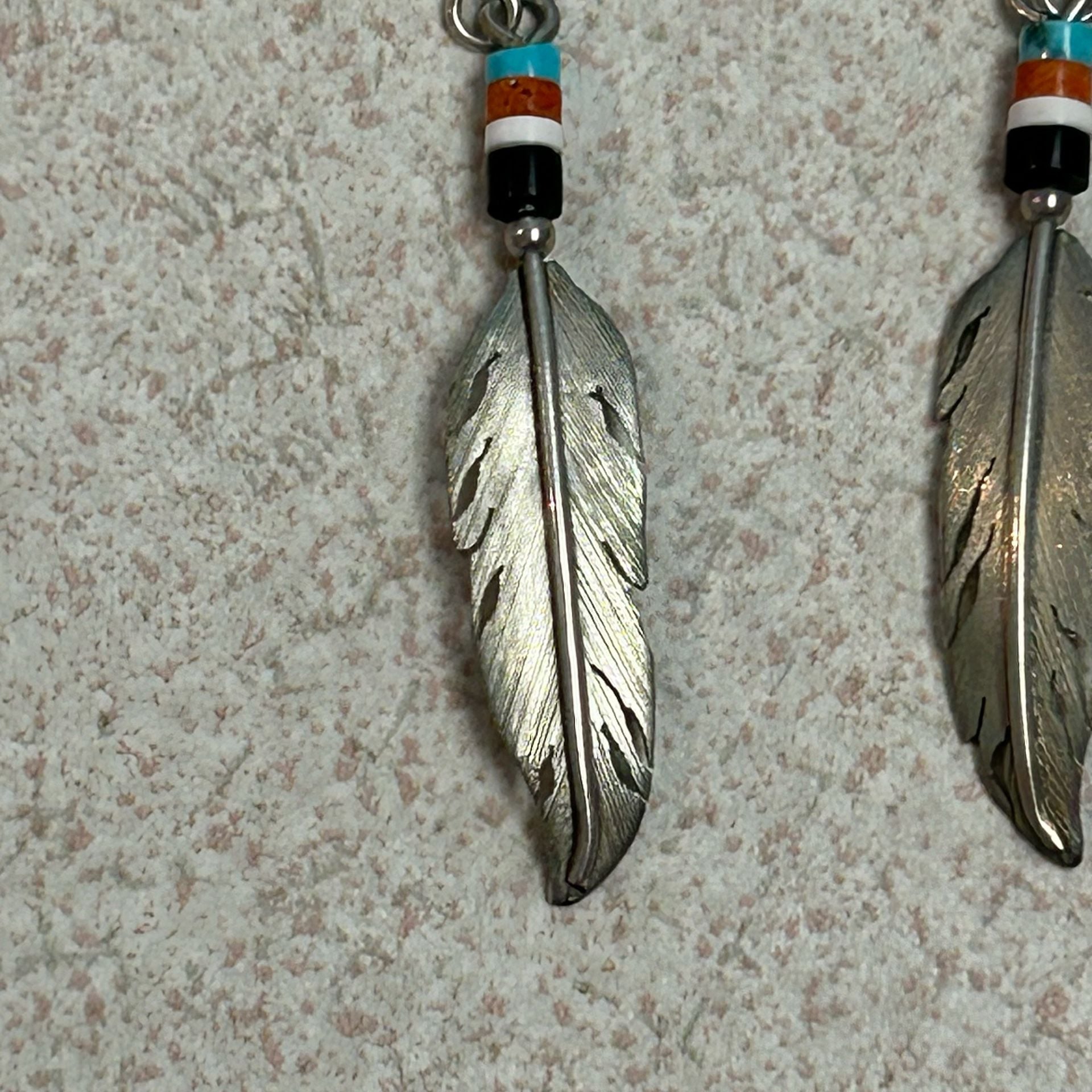 Chavez Santo Domingo Pueblo Sterling Silver Feather Earrings with Heishi Beads 4