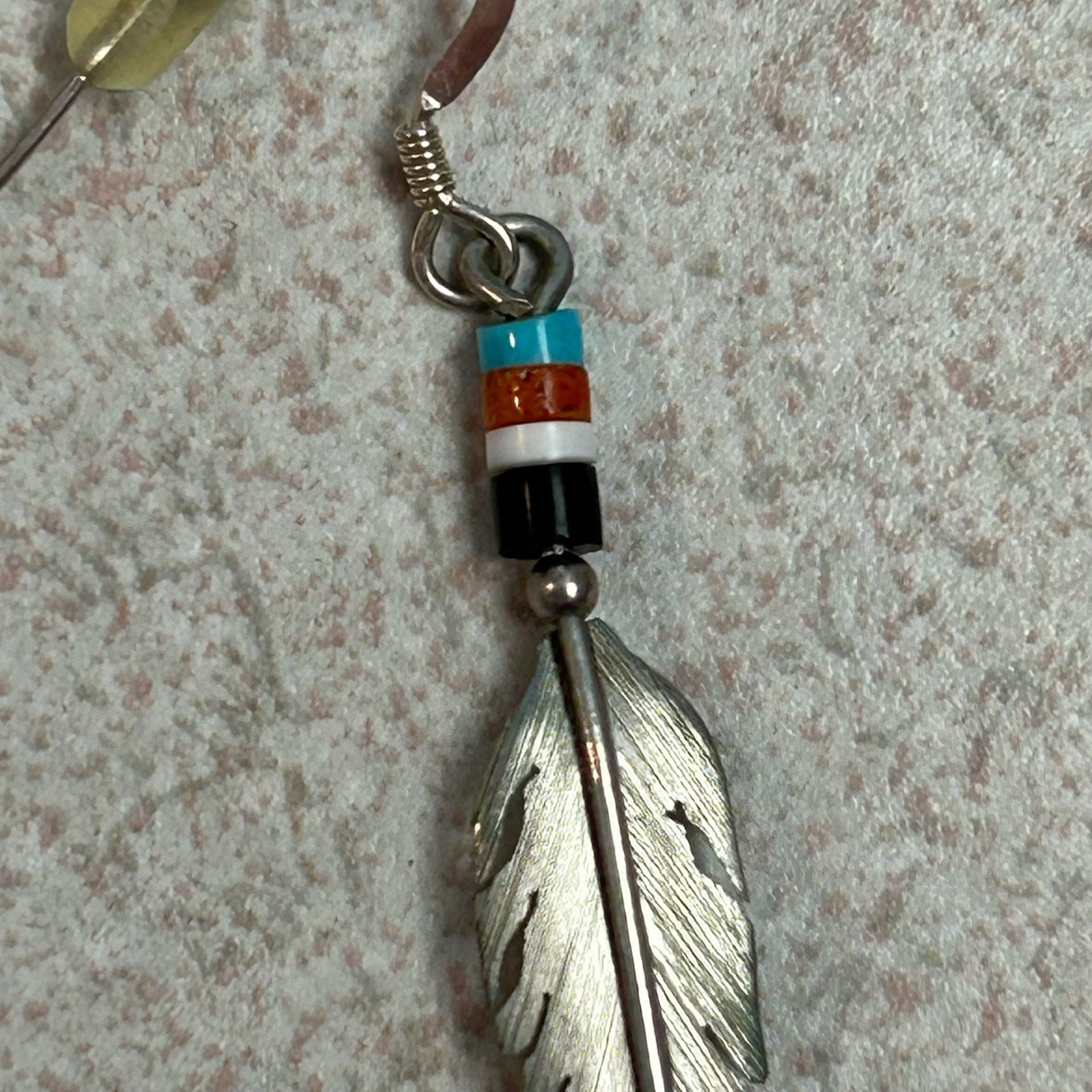 Chavez Santo Domingo Pueblo Sterling Silver Feather Earrings with Heishi Beads 5