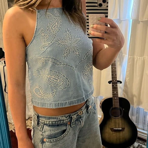 American Eagle Outfitters Embroidered Denim Halter Crop Top Size S