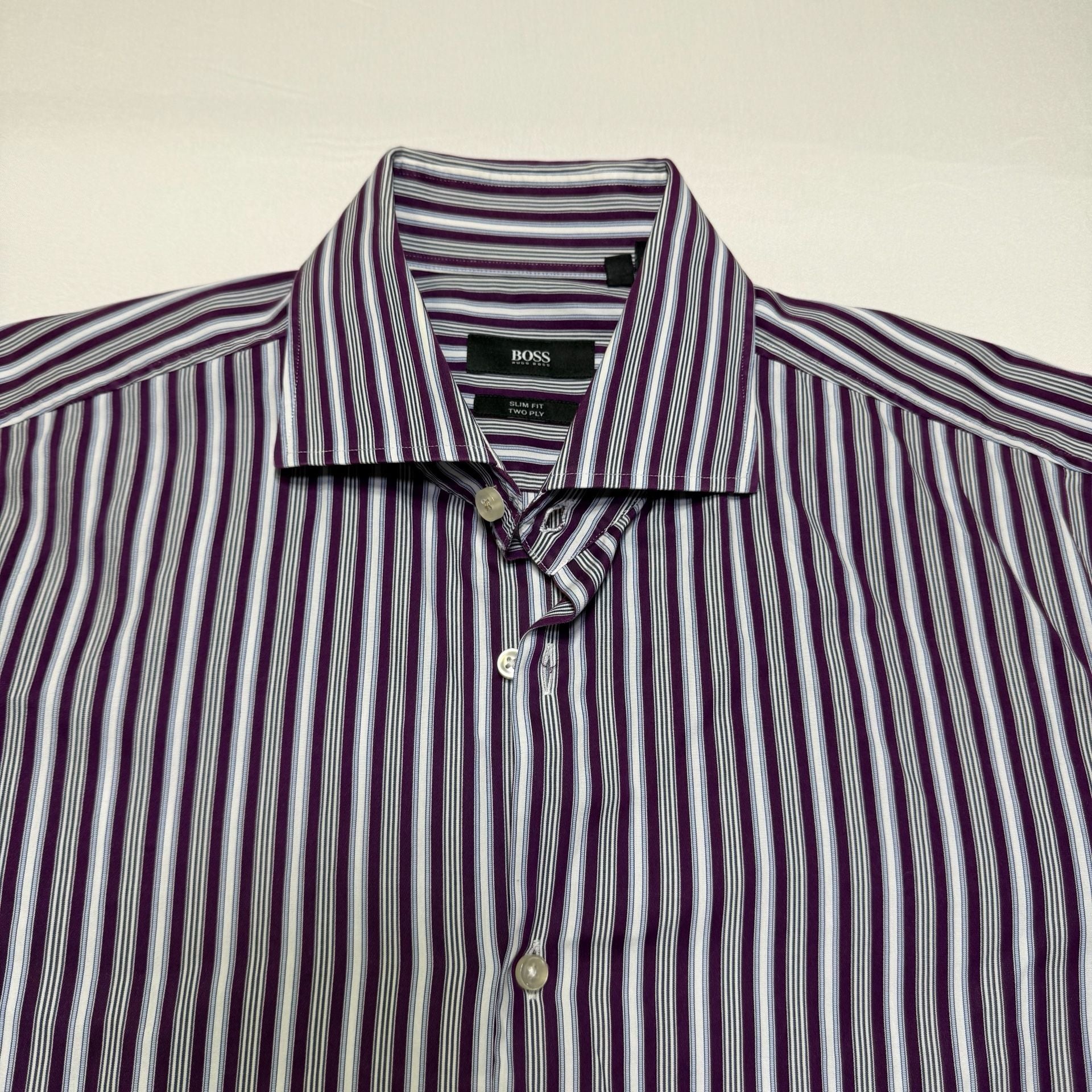 BOSS Hugo Boss Slim Fit Two Ply Striped Dress Shirt Size 16/41 11
