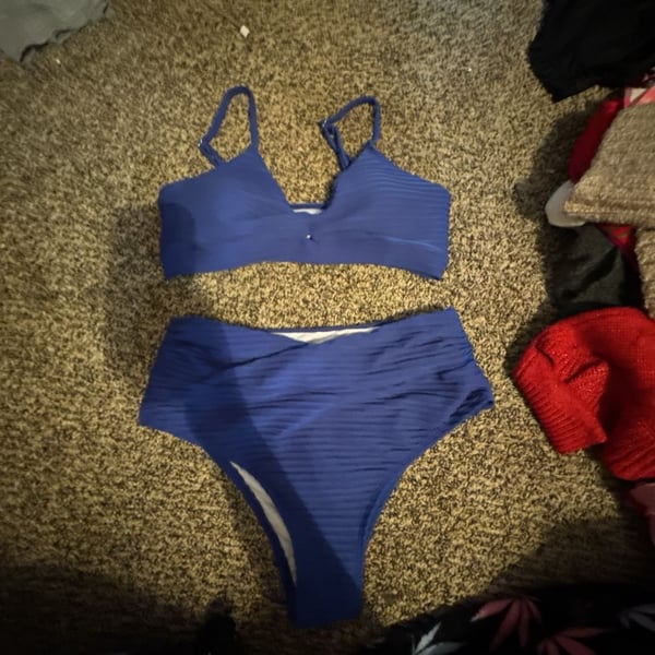 Blue Ribbed High-Waisted Bikini Set Size M