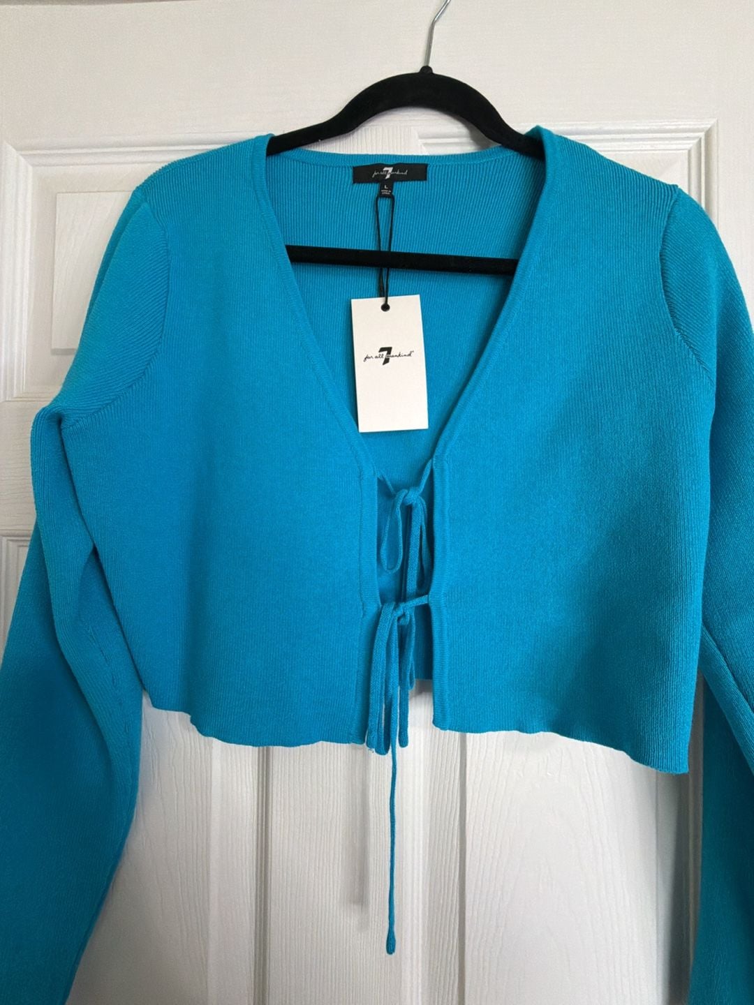7 For All Mankind Blue Tie-Front Cropped Cardigan Size L 3