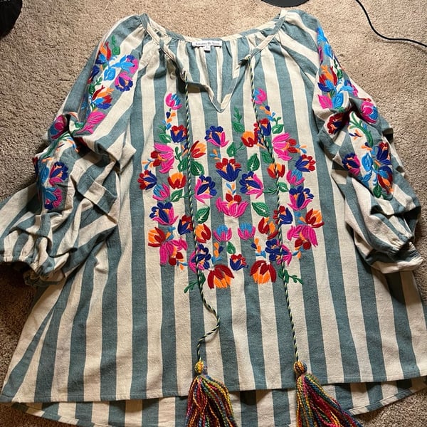See and Be Seen Embroidered Striped Tassel Blouse Size L