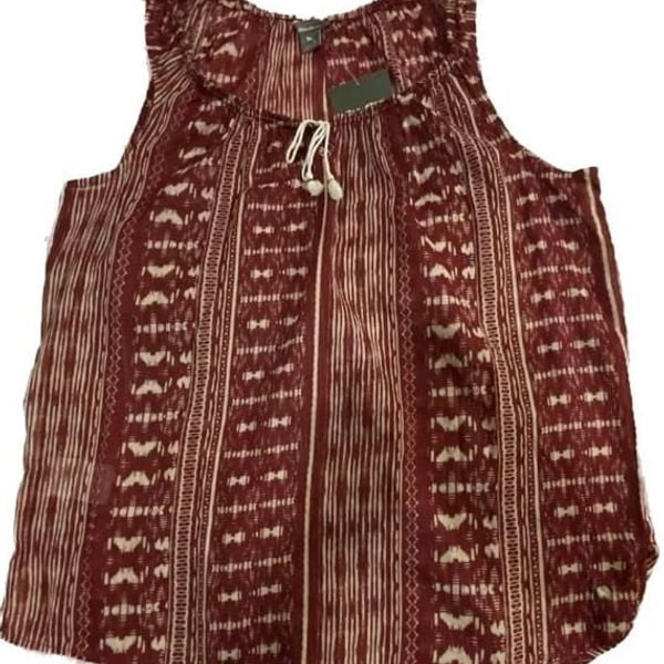 Eddie Bauer Women's S Printed Voile Front Tie Sleeveless Blouse Claret