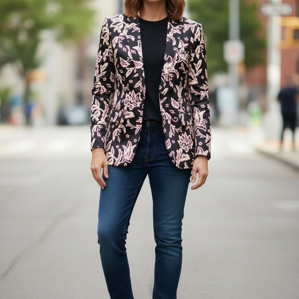 Rachel Zoe Floral Print Blazer Size Medium Black Pink White 