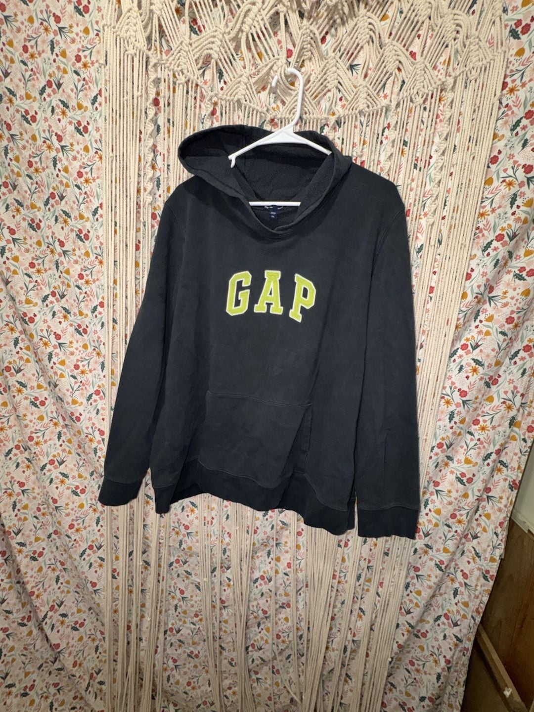 Gap Logo Hoodie Sweatshirt Gray Yellow Spellout Pullover Fleece Pocket XXL 2