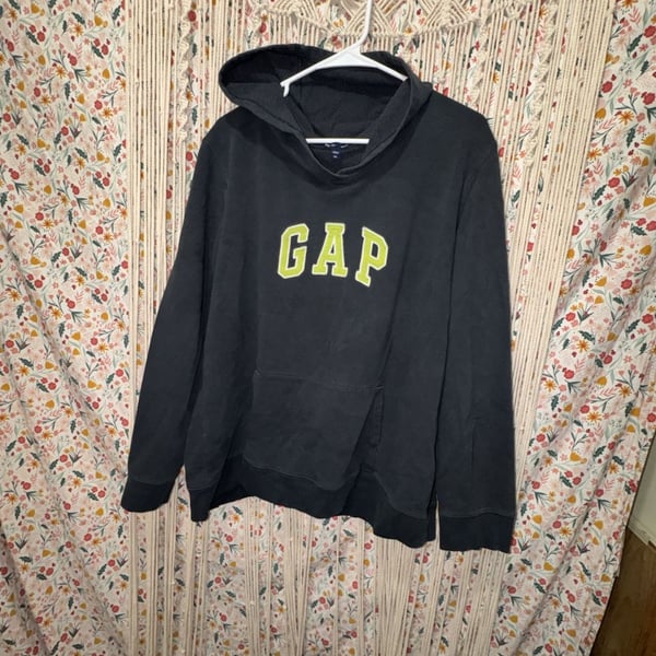 Gap Logo Hoodie Sweatshirt Gray Yellow Spellout Pullover Fleece Pocket XXL