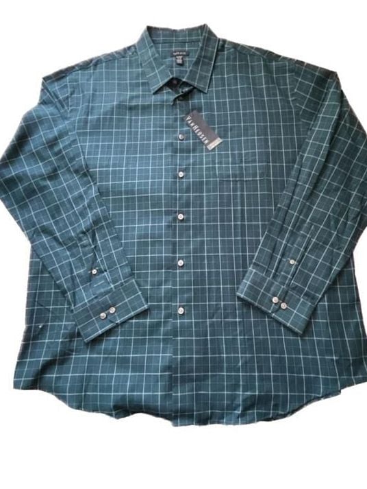 Van Heusen Premium No Iron Dress Shirt Green Plaid XXL 18-18.5 2