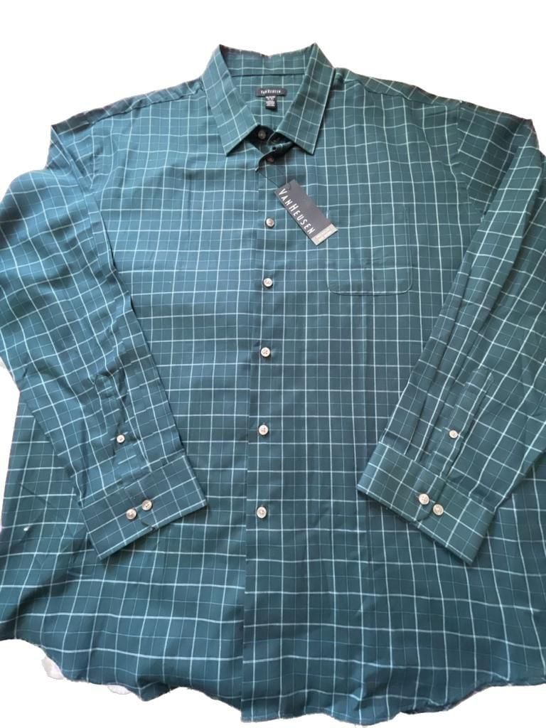 Van Heusen Premium No Iron Dress Shirt Green Plaid XXL 18-18.5 3
