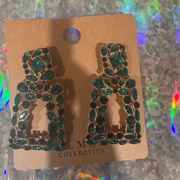 L M Collection Emerald Green Crystal Statement Dangle Earrings
