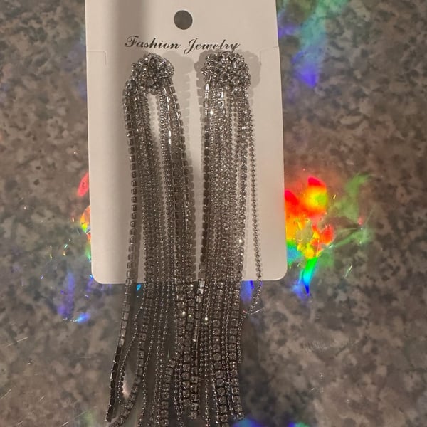 Fashion Jewelry Silver Tone Rhinestone Tassel Drop Earrings