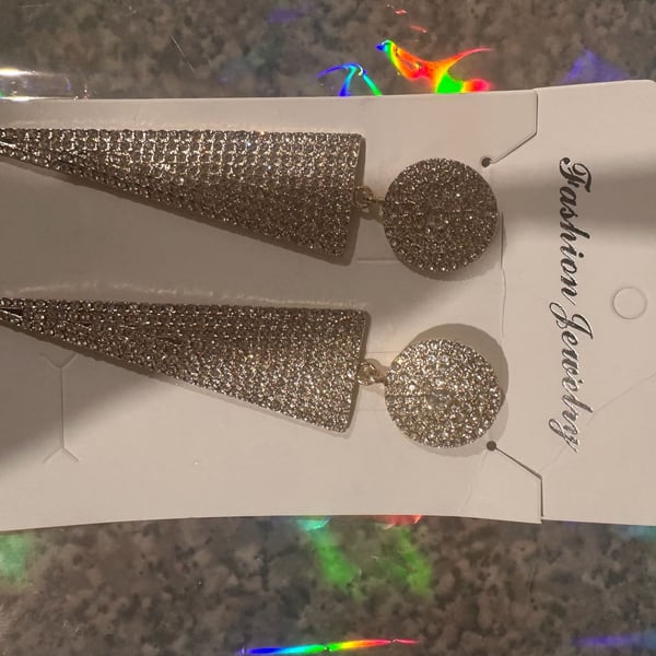 Fashion Jewelry Rhinestone Pave Circle and Triangle Drop Earrings