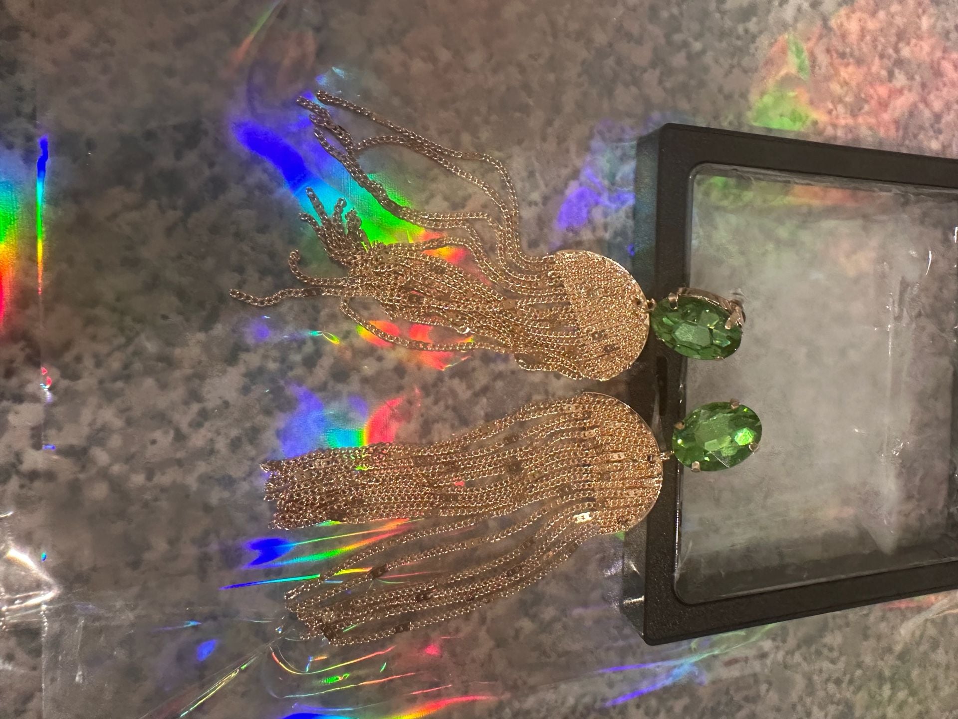 Gold Tone Green Crystal Statement Tassel Fringe Earrings 1
