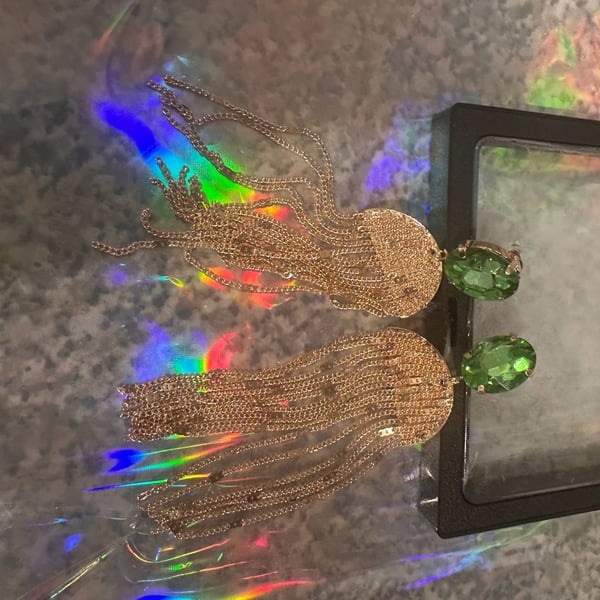 Gold Tone Green Crystal Statement Tassel Fringe Earrings
