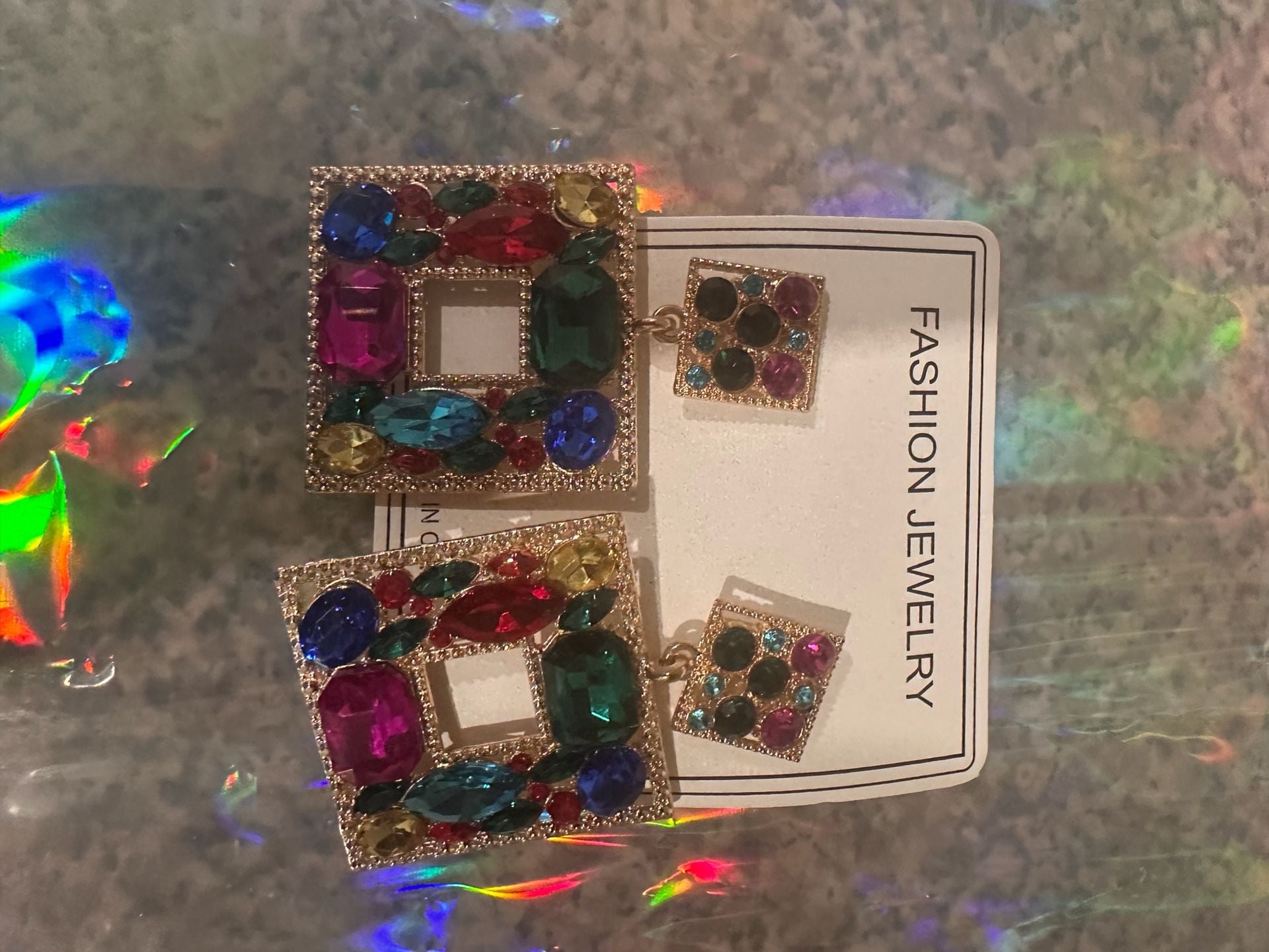 Fashion Jewelry Multi-Color Rhinestone Square Drop Earrings 1