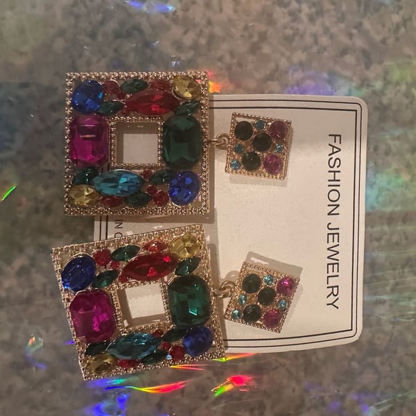 Fashion Jewelry Multi-Color Rhinestone Square Drop Earrings