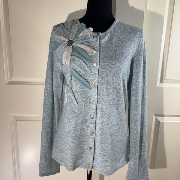 Coldwater Creek Blue Wool Blend Floral Applique Cardigan Size S (6-8)