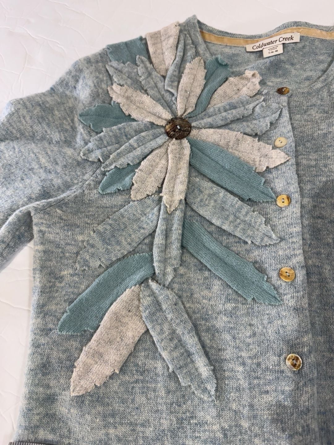 Coldwater Creek Blue Wool Blend Floral Applique Cardigan Size S (6-8) 7